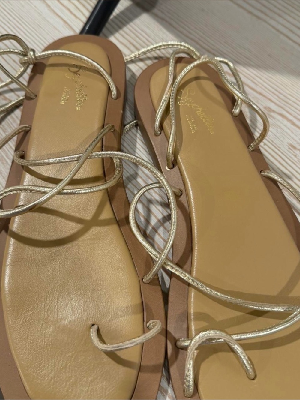Seychelles Metallic Gold Lace-Up Flat Sandals with Tan Footbed